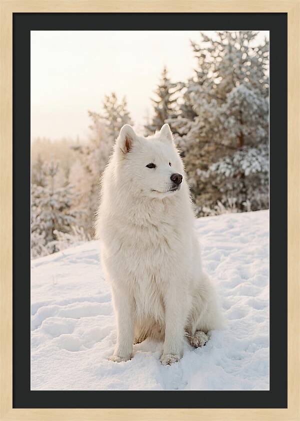 Fluffy Samoyed In Snowy Landscape
