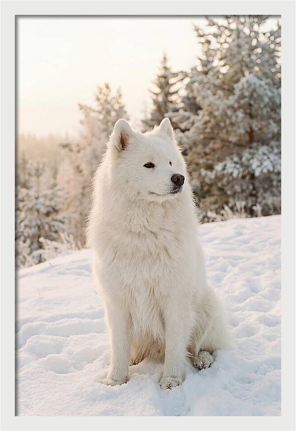 Fluffy Samoyed In Snowy Landscape