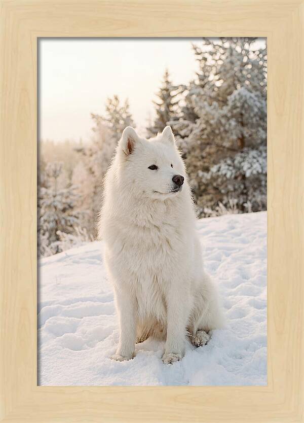 Fluffy Samoyed In Snowy Landscape
