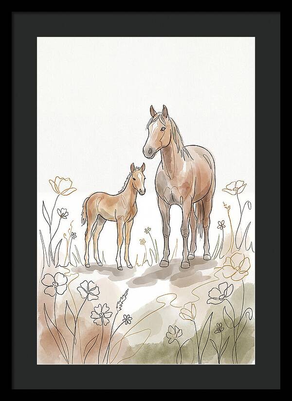 Foal And Mare In Spring Meadow