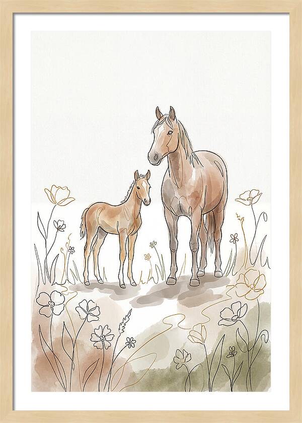 Foal And Mare In Spring Meadow