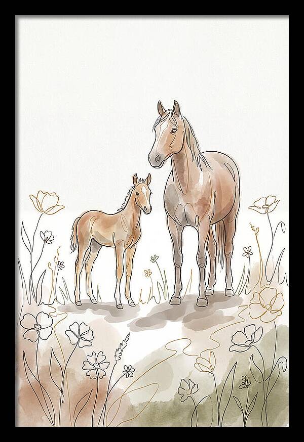 Foal And Mare In Spring Meadow