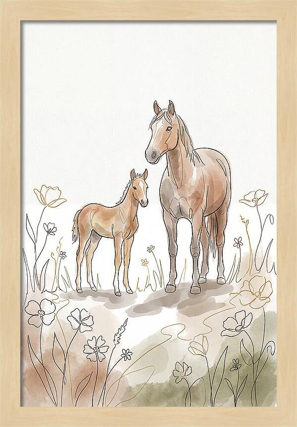 Foal And Mare In Spring Meadow