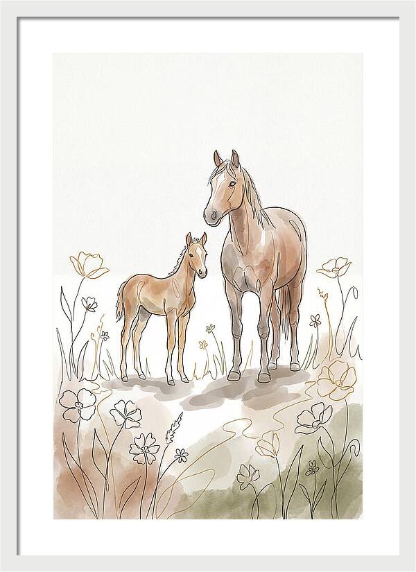 Foal And Mare In Spring Meadow