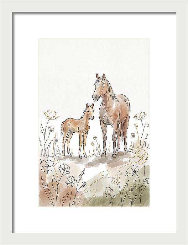 Foal And Mare In Spring Meadow