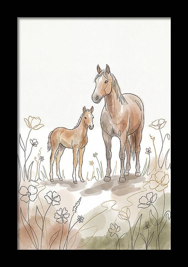 Foal And Mare In Spring Meadow