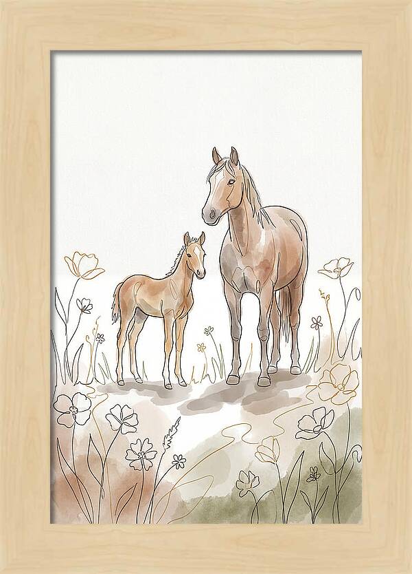 Foal And Mare In Spring Meadow