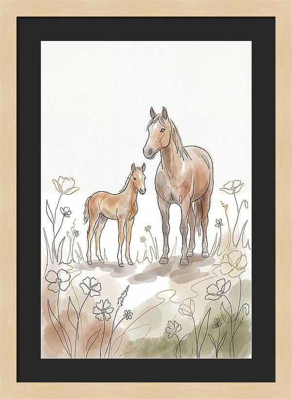 Foal And Mare In Spring Meadow