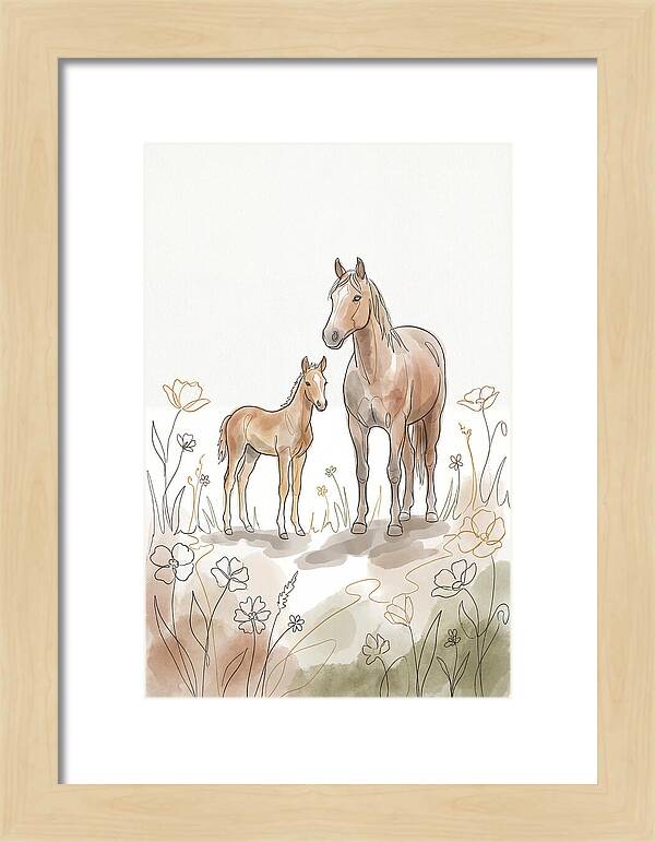Foal And Mare In Spring Meadow