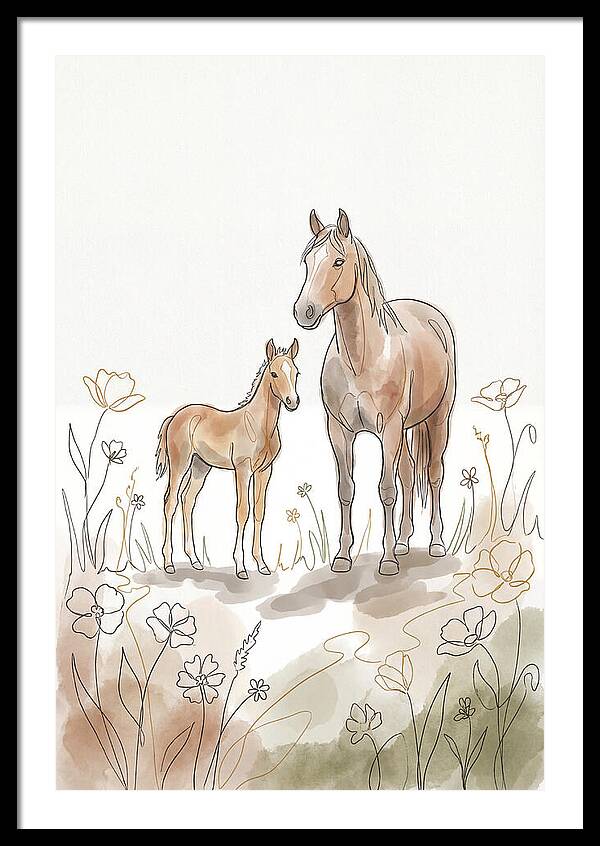 Foal And Mare In Spring Meadow