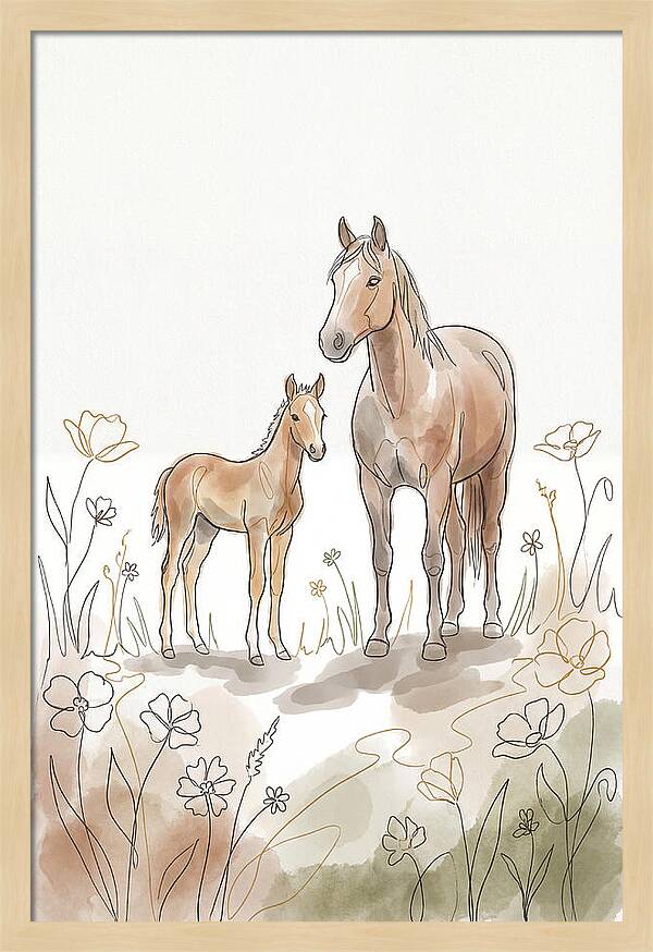 Foal And Mare In Spring Meadow