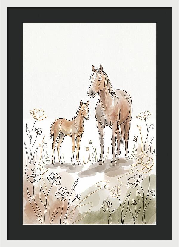 Foal And Mare In Spring Meadow