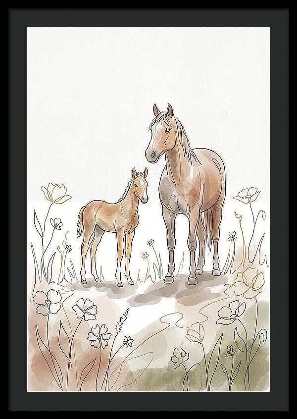 Foal And Mare In Spring Meadow