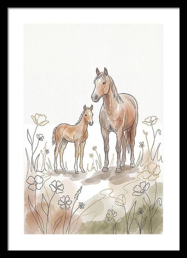 Foal And Mare In Spring Meadow