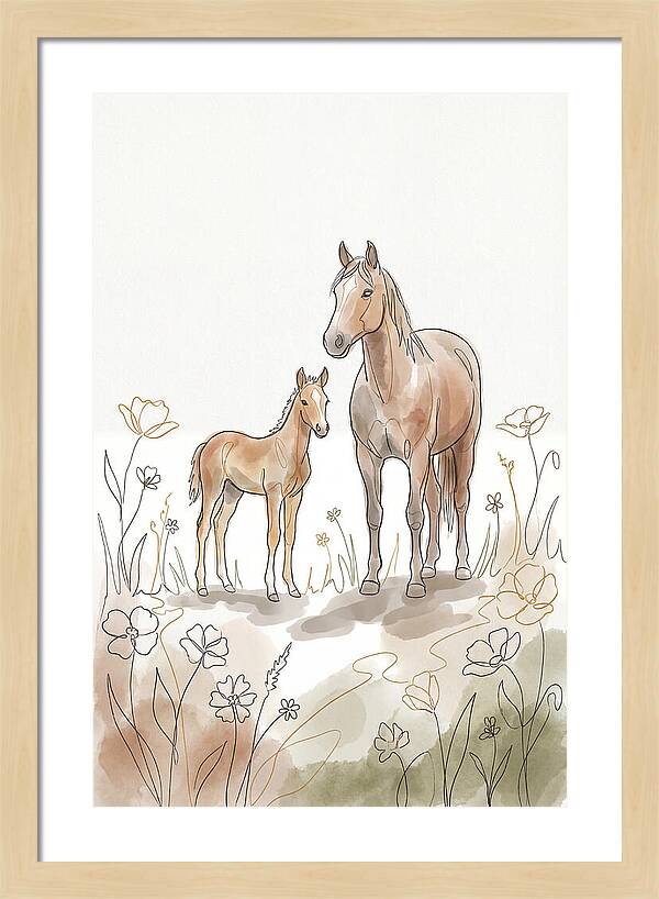 Foal And Mare In Spring Meadow