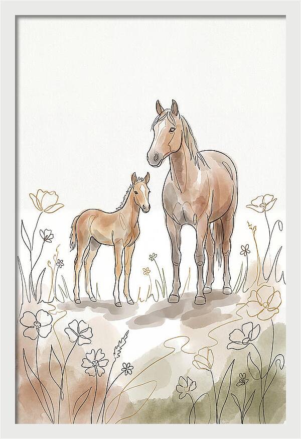 Foal And Mare In Spring Meadow