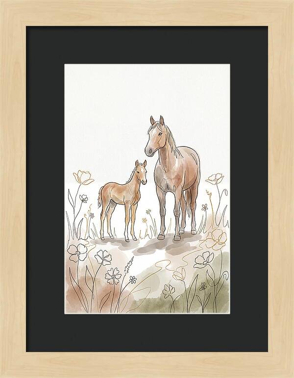 Foal And Mare In Spring Meadow