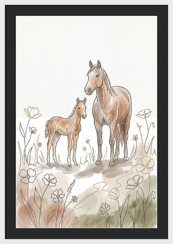 Foal And Mare In Spring Meadow
