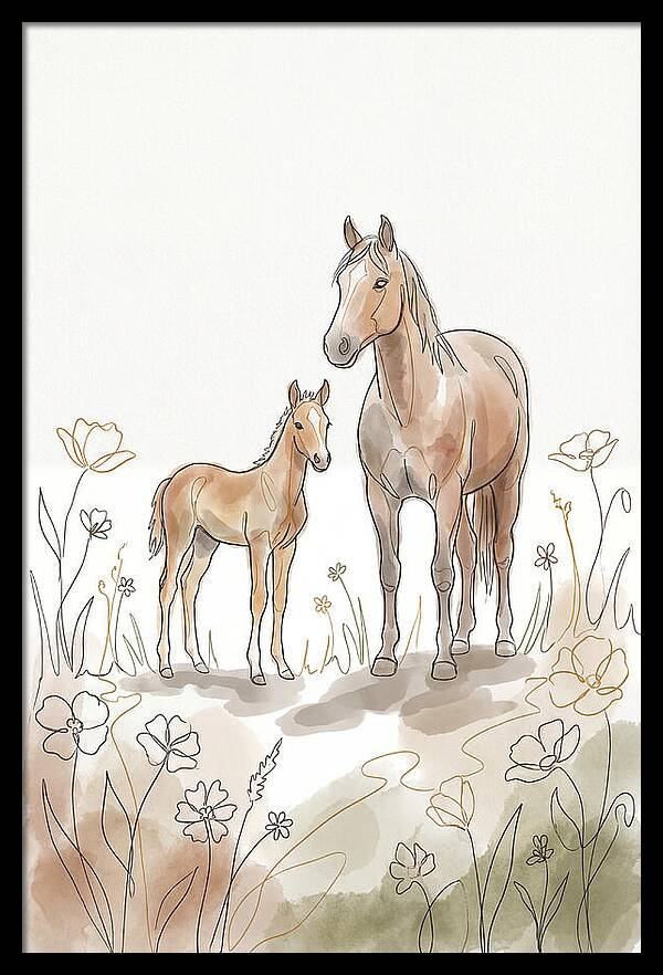 Foal And Mare In Spring Meadow