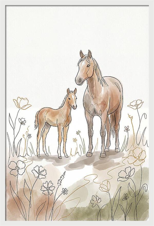 Foal And Mare In Spring Meadow