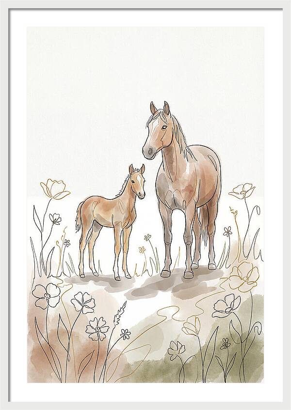 Foal And Mare In Spring Meadow