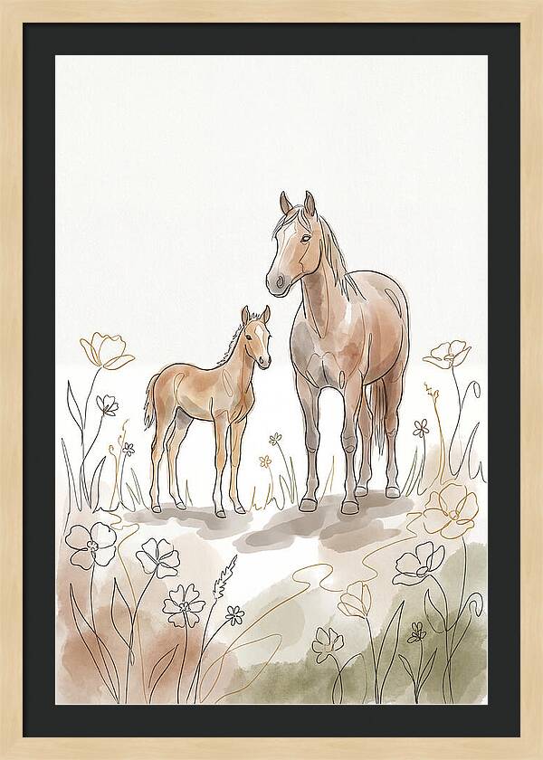 Foal And Mare In Spring Meadow