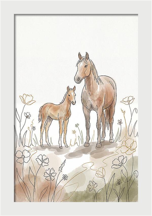 Foal And Mare In Spring Meadow