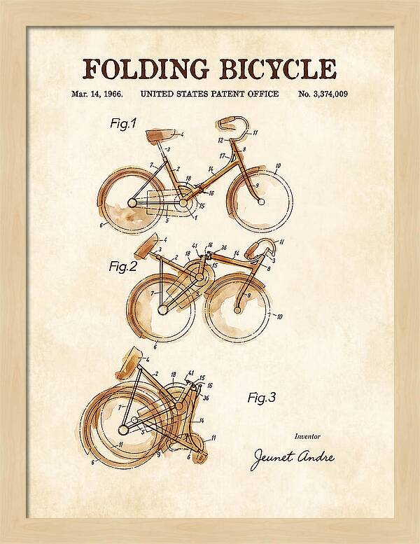 Folding Bicycle Watercolor Patent Us3374009a
