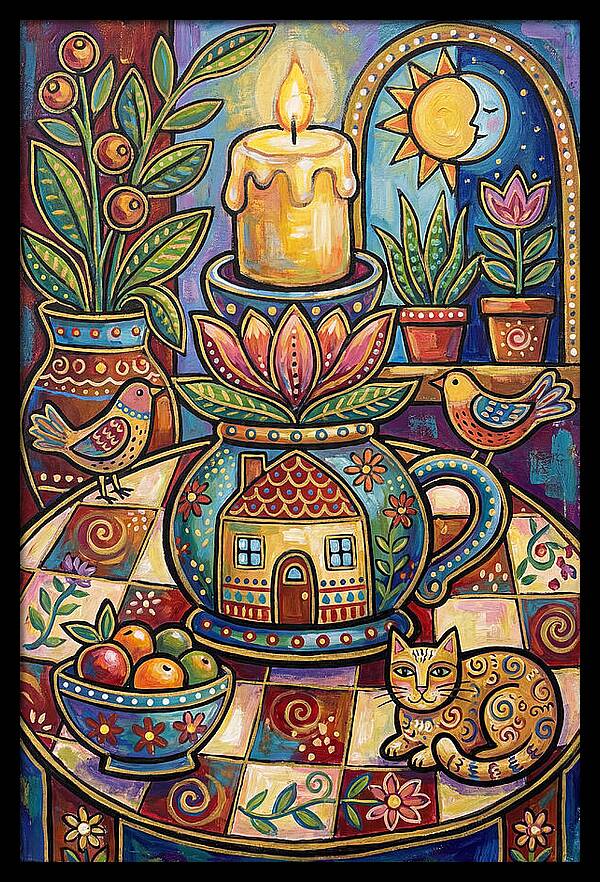 Folk Art Candlestick Scene