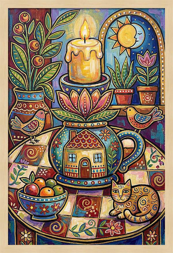 Folk Art Candlestick Scene