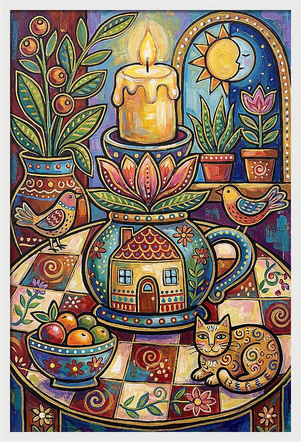 Folk Art Candlestick Scene