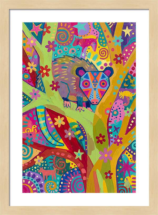 Folk Art Possum In Colorful Trees