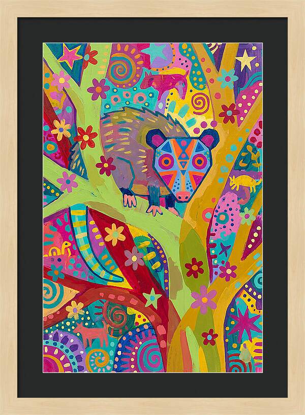 Folk Art Possum In Colorful Trees