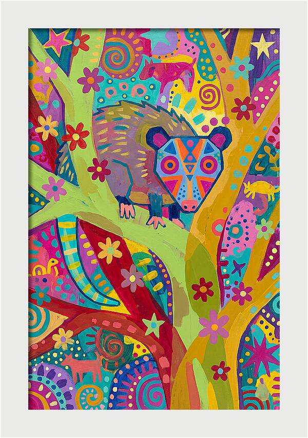 Folk Art Possum In Colorful Trees