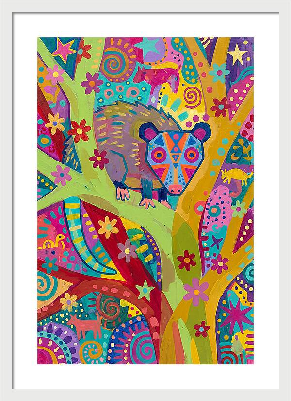 Folk Art Possum In Colorful Trees
