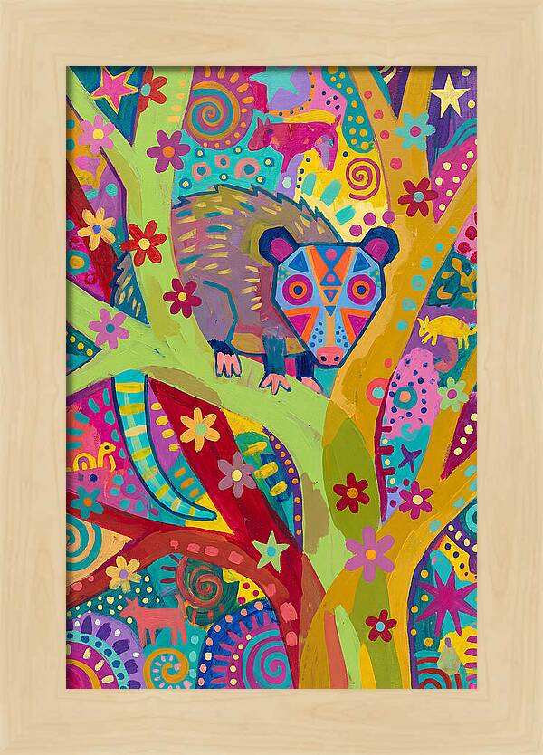 Folk Art Possum In Colorful Trees