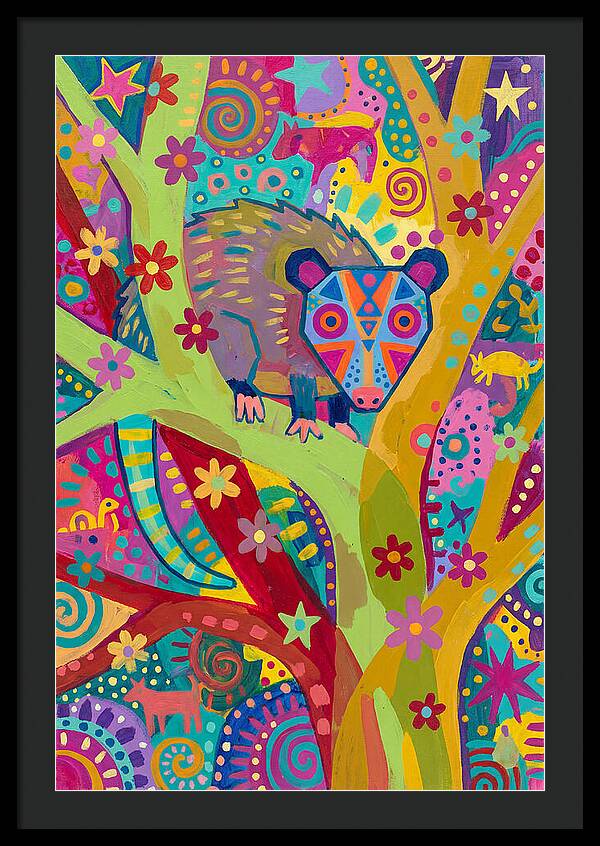 Folk Art Possum In Colorful Trees