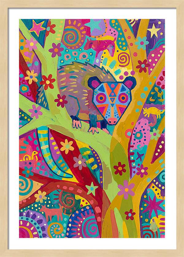 Folk Art Possum In Colorful Trees
