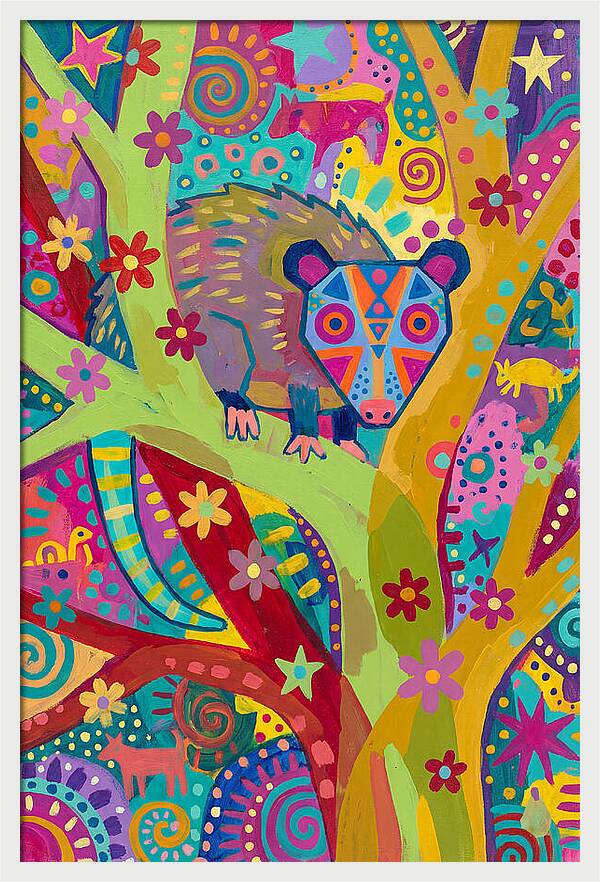 Folk Art Possum In Colorful Trees