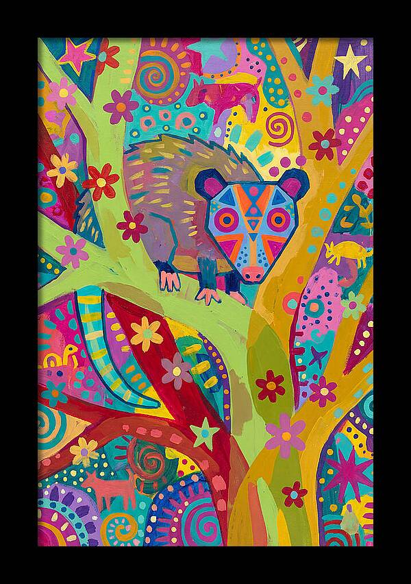 Folk Art Possum In Colorful Trees