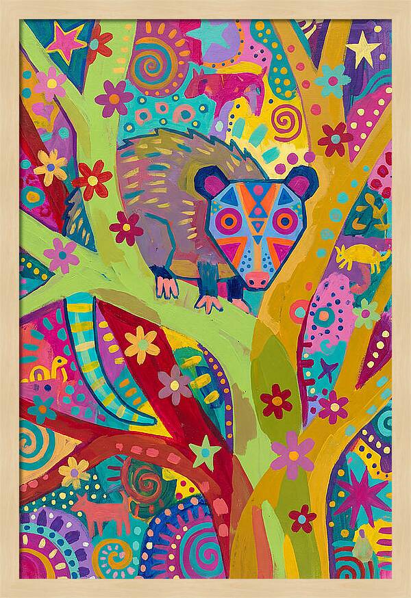 Folk Art Possum In Colorful Trees