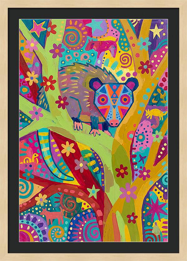 Folk Art Possum In Colorful Trees