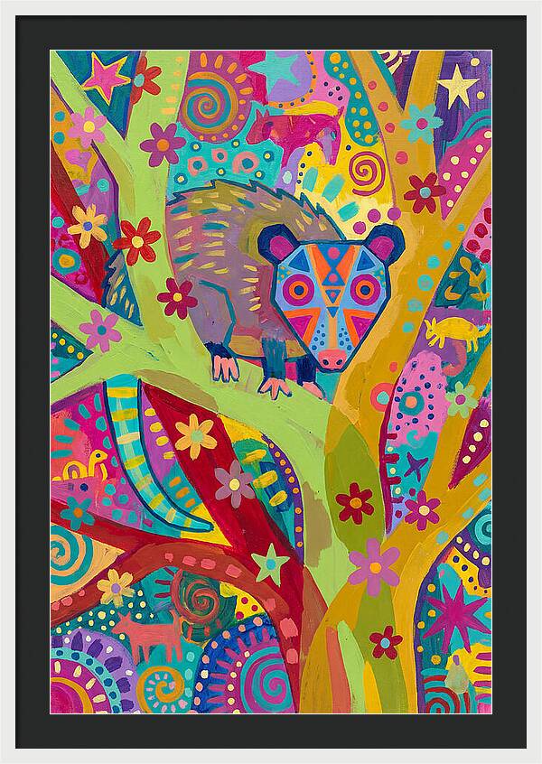 Folk Art Possum In Colorful Trees
