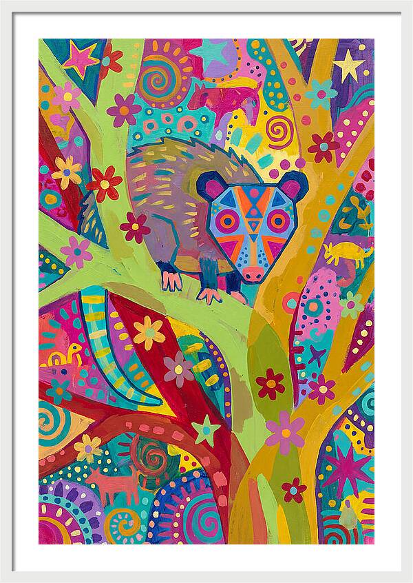 Folk Art Possum In Colorful Trees