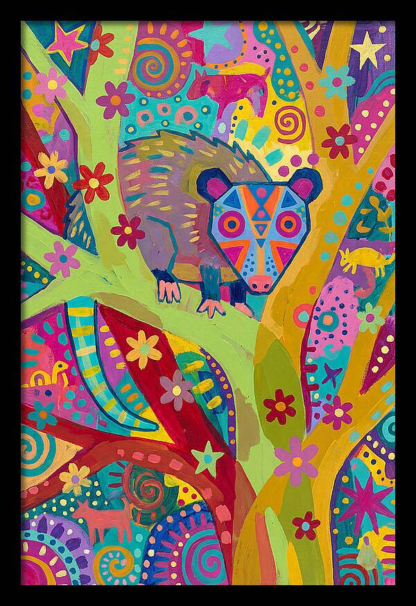 Folk Art Possum In Colorful Trees