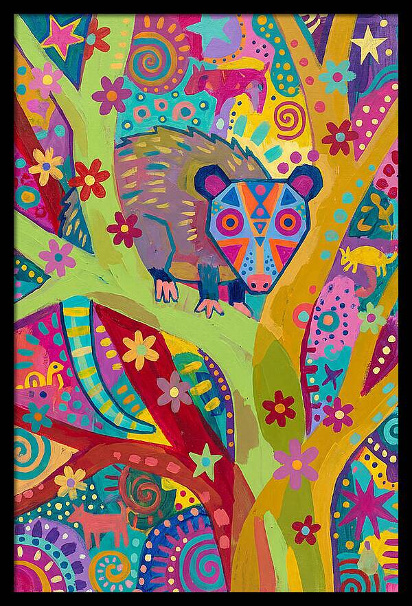 Folk Art Possum In Colorful Trees