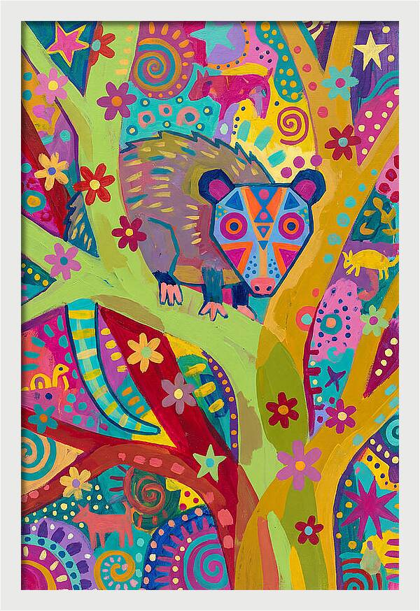 Folk Art Possum In Colorful Trees