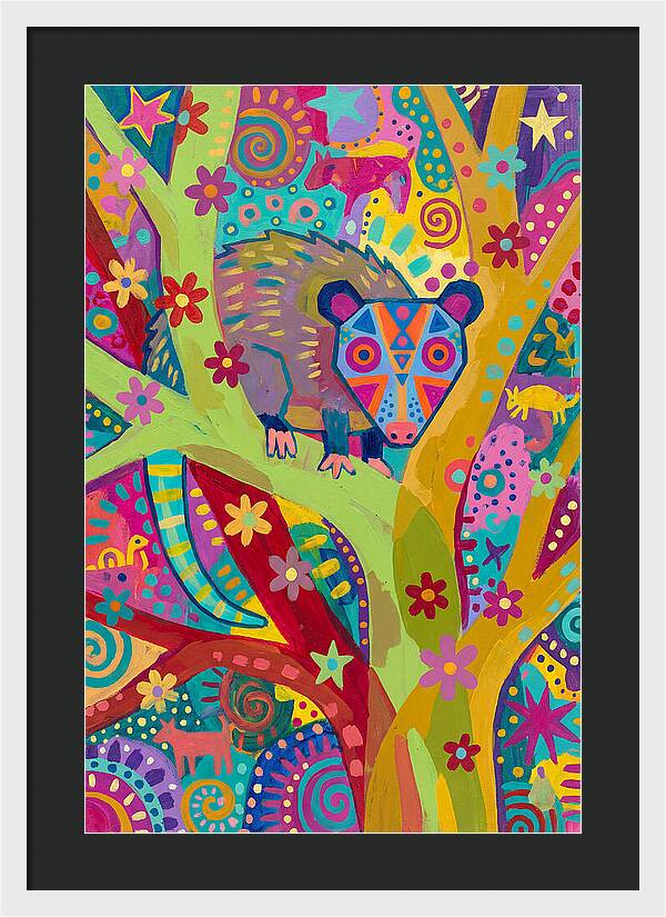 Folk Art Possum In Colorful Trees