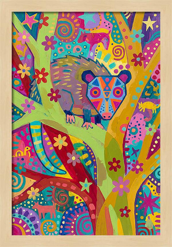 Folk Art Possum In Colorful Trees