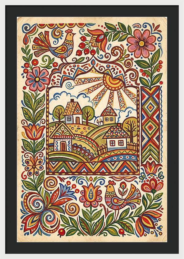 Folk Art Village Scene